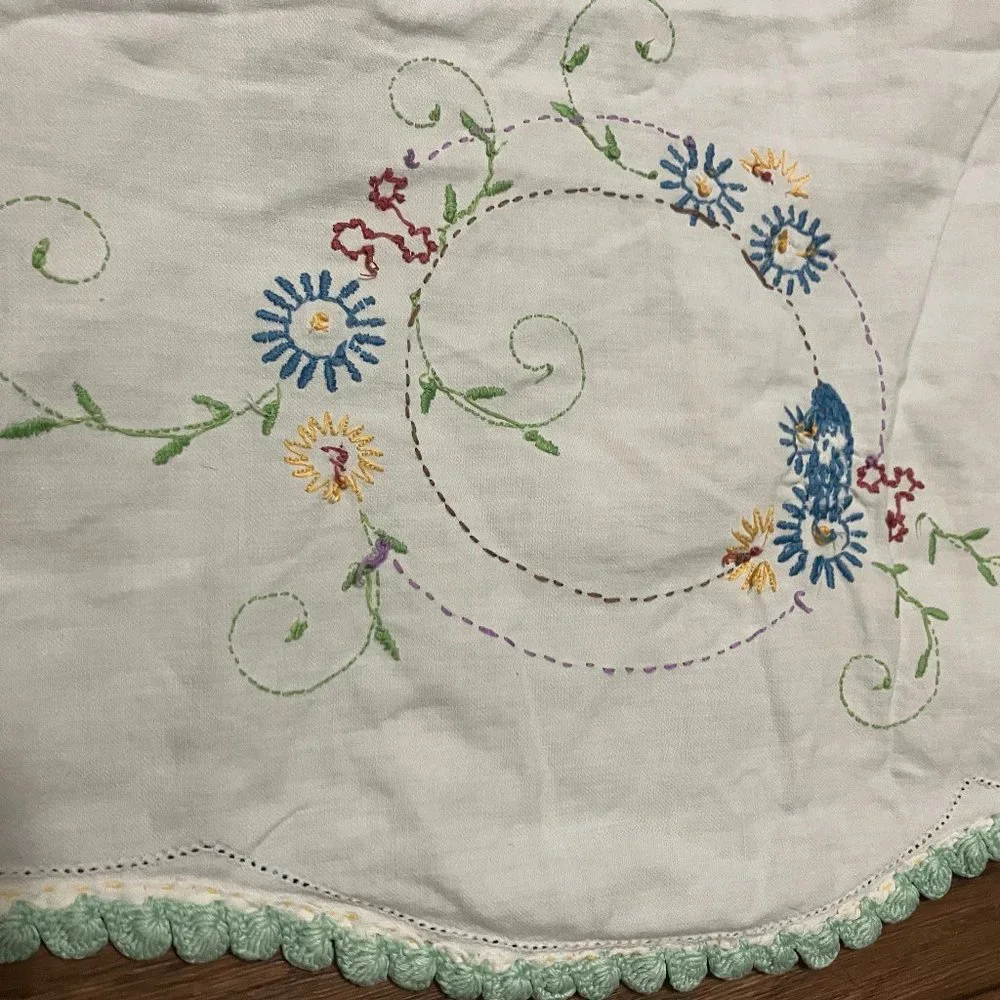 Vintage Handmade Linen Table-runner with Floral Design & Crochet Edge